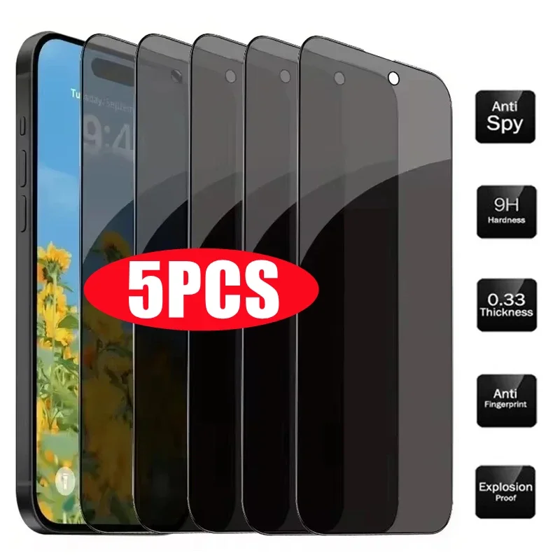 

5Pcs Full Cover Privacy Screen Protector For iPhone 15 14 11 12 13 Pro Max Mini 8K Anti-spy Glass For iPhone 16 Plus XR X XS MAX