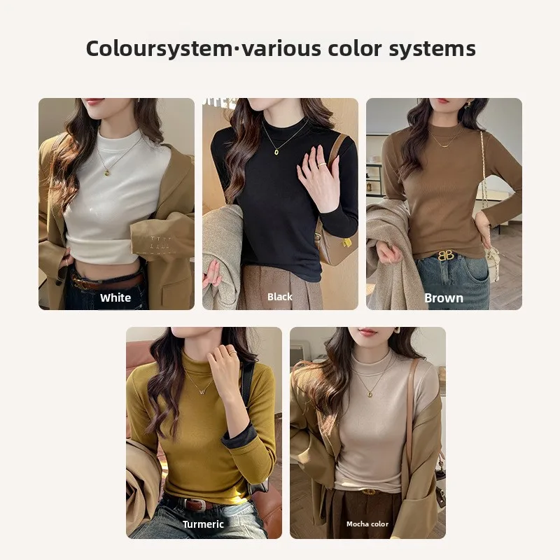 Modal Fleece-lined Extra-thick Thermal Solid Minimalist Bottoming Shirt Autumn Winter; Womens Figure-flattering High-end