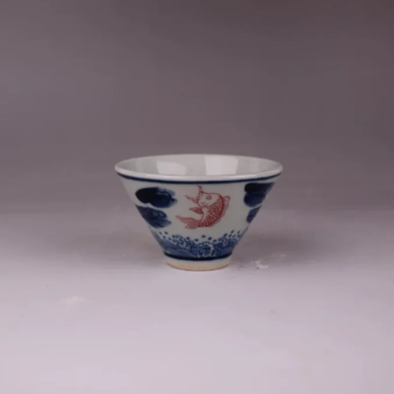 Antique Blue and White Underglaze Red Fish Pattern Tea Cup - Bamboo Hat Shape Ceramic Mug, Chinese Style Tea Set Collection