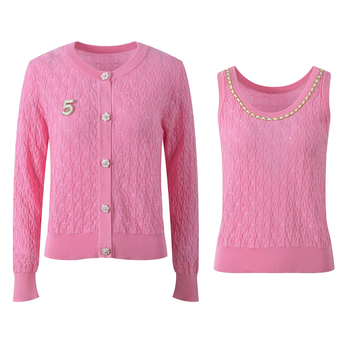 

Ele round Ne Knitted Slim Fit Open Cardigan Top And Chain Vest Strap Set High Waist Metal Decoration Pure Color Faion...