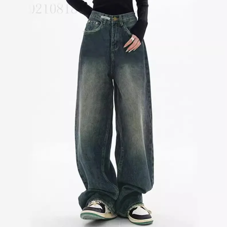 Jeans in voller Länge, Denim-Hose für Damen, weites Bein, hohe Taille, Reißverschluss, gewaschen, lose Taschen, Vintage, 2024, lässige Grundlagen