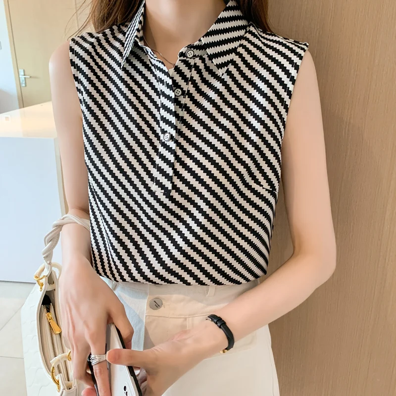 2023 Summer Fashion Blouse Women Tops Stripe Vintage Shirt Office Lady Blouses Sleeveless Chiffon Tank Tops Shirts and Blouses