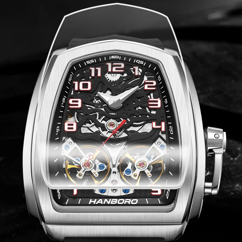 HANBORO Men Luxury Watch Watches 44mm Fashion Automatic Mechanical Wristwatch Luminous 50M Waterproof Skeleton Dual Flywheel
