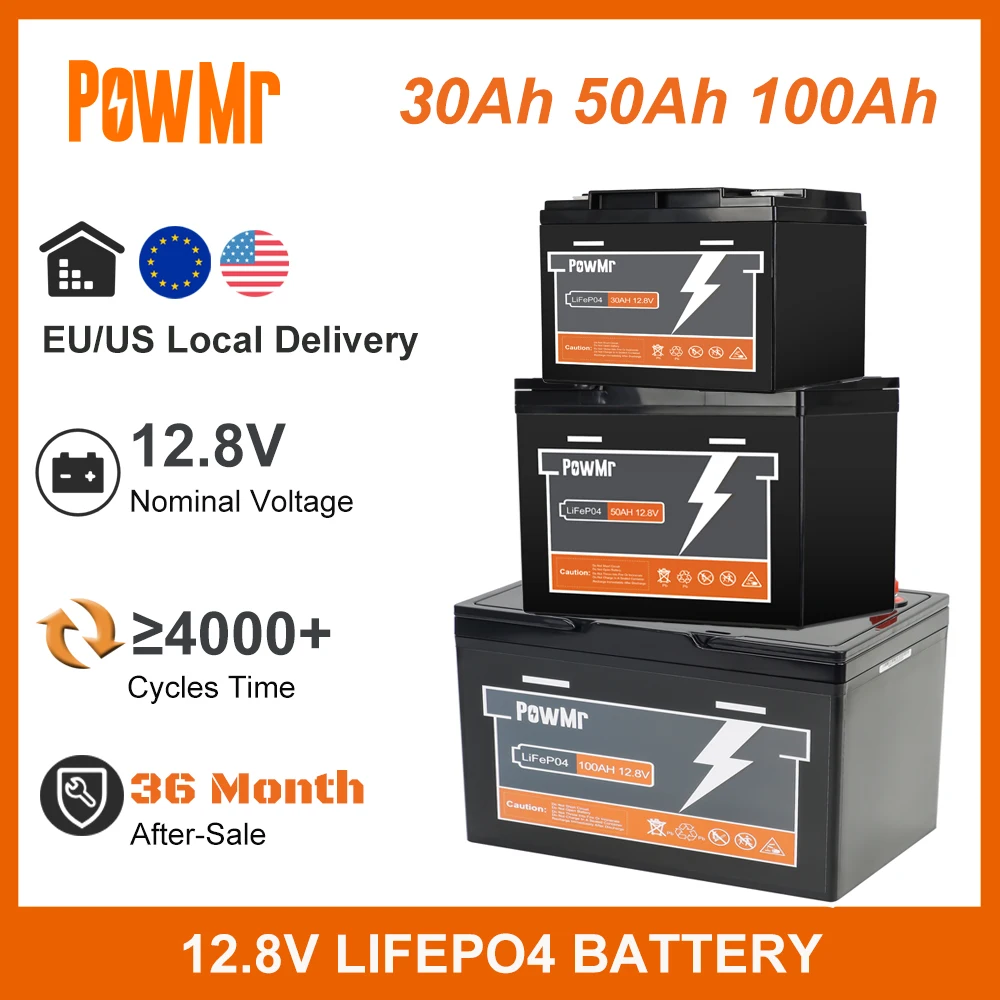 PowMr 100Ah 50Ah 30Ah LiFePO4 Battery Pack Grade A Cell 4000+ Cycles 12V BMS Rechargeable Lithium Battery Pack For Solar RV Camp