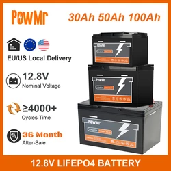 PowMr 100Ah 50Ah 30Ah LiFePO4 Battery Pack Grade A Cell 4000+ Cycles 12V BMS Rechargeable Lithium Battery Pack For Solar RV Camp