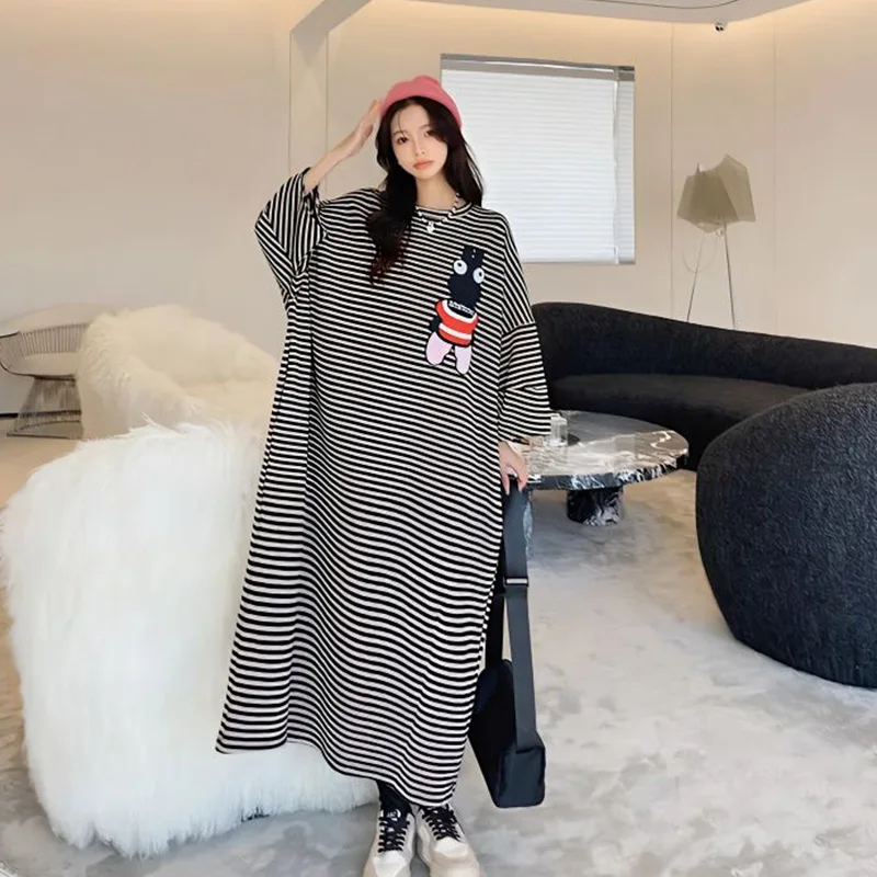 Oversized Women Clothing Casual Korean Striped Striped Midi Dress Autumn Trend Loose Printing Pullover Tshirt Dress Female Dress