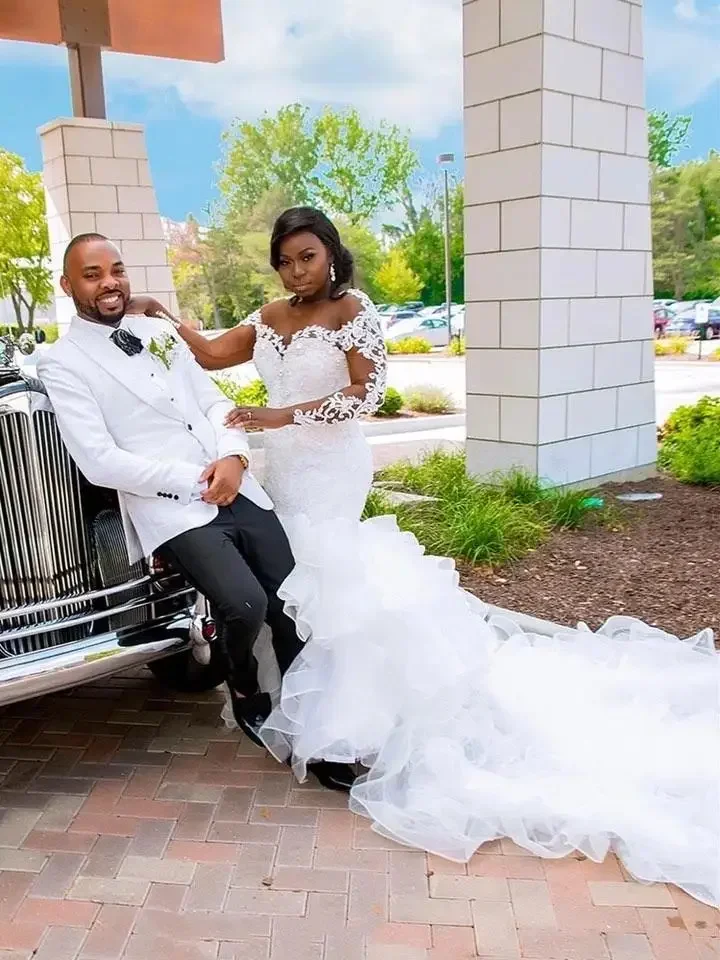 Robes de mariée sirène africaine à volants, nouveaux Styles personnalisés, manches longues, perles en Organza, robe de mariée transparente en dentelle, grand Train de mariage