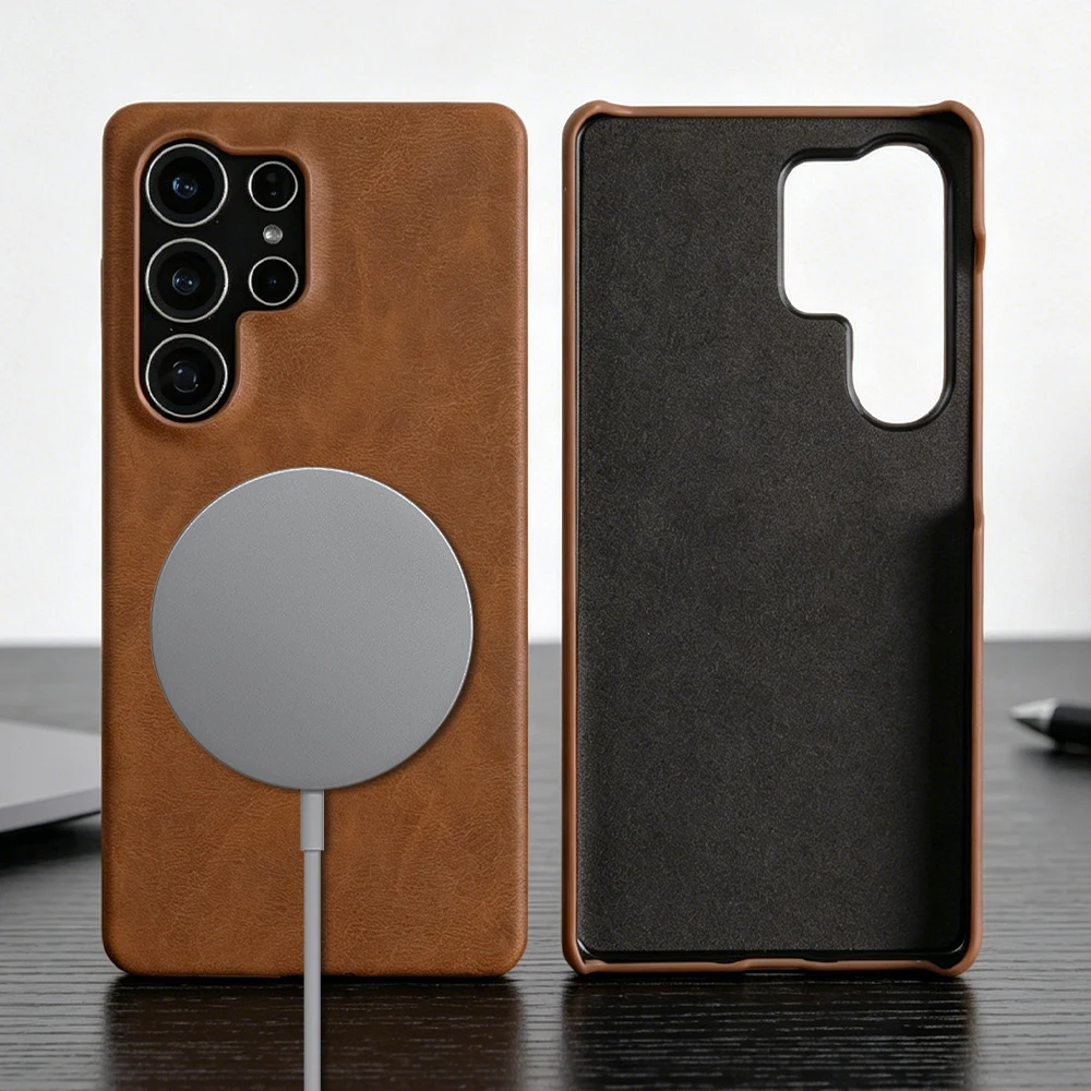 Magnetic Back Cover Case For Samsung Galaxy S25 S24 S23 S26 Ultra S21 FE S22 Plus A57 A37 For Magsafe Phone Case Skin Leather