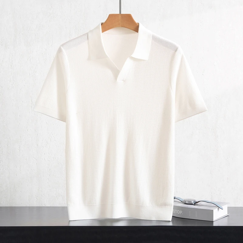 Summer New Men's 100% Lyocell POLO Collar Solid Color T-Shirt Knit Pullover Bussiness Casual Short-sleeved Jumper Thin Tops Tees