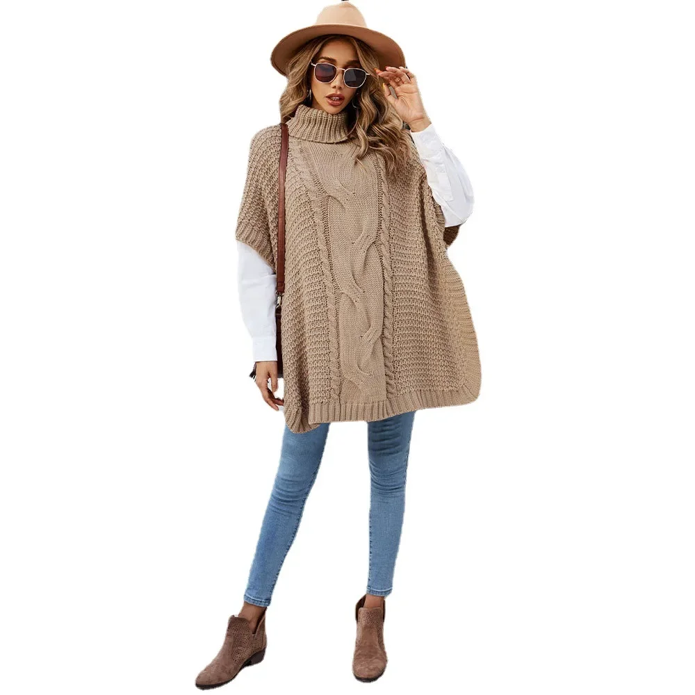 

" Women's High Neck Knit Sweater, Autumn Winter Loose Pullover, Twist Cable Round Neck Top, Soft Shawl Collar Casual Jumper"