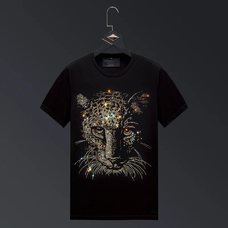 

2024 Cheetah Rhinestones T Shirt for Men Fashion Streetwear O Neck Short Sleeve Slim Modal Cotton Casual T-shirts Plus Size 6XL