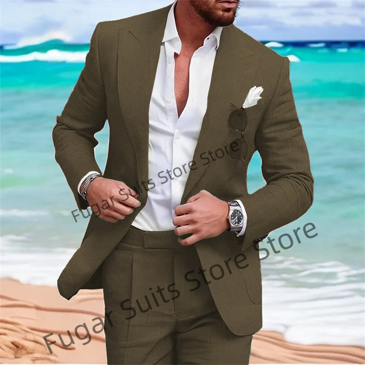 Casual Linen Men Suits Slim Fit Wedding Groomsmen Tuxedos  Casual Party Prom 2Pieces Sets High Qublity Male Blazer Costume Homme