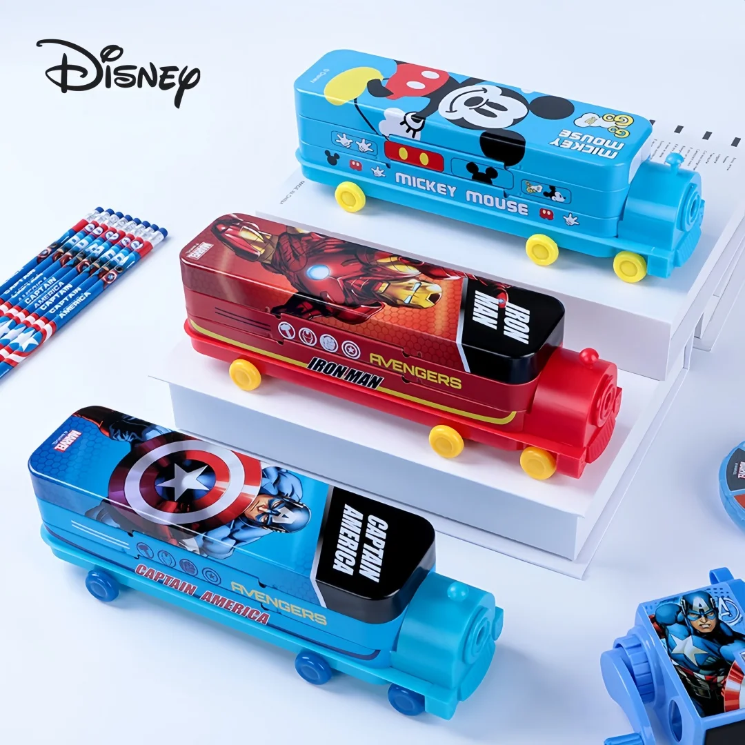 Estuche para lápices con diseño de tren deslizante de Disney, con sacapuntas integrado y tabla de multiplicar. Caja multifuncional para guardar lápices con diseño de Mickey Mouse de Marvel, ideal para estudiantes de primaria.