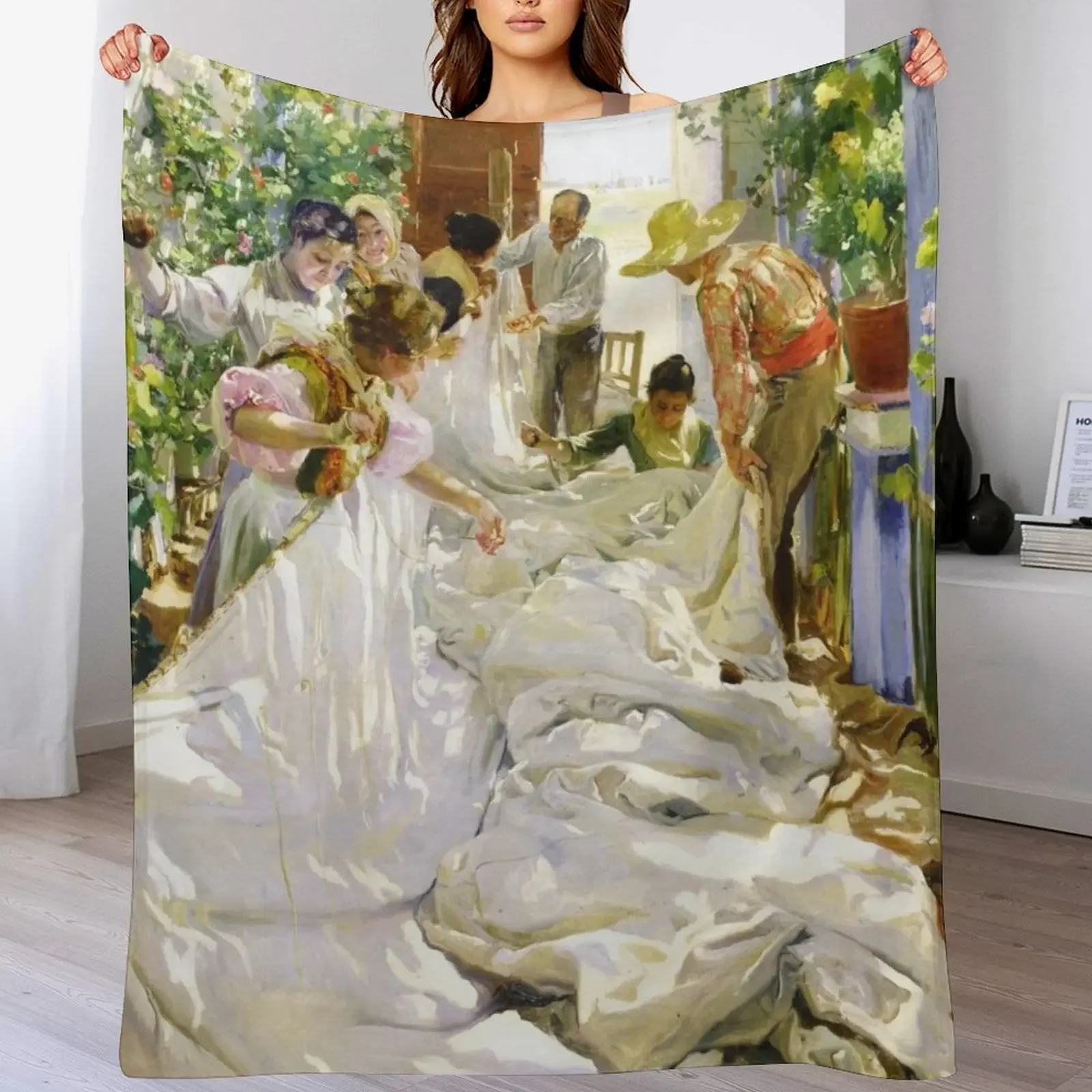 

Joaquin Sorolla y Bastida - Sewing the sail 1896 Throw Blanket Lightweight Warm Blanket for Indoor Outdoor Use