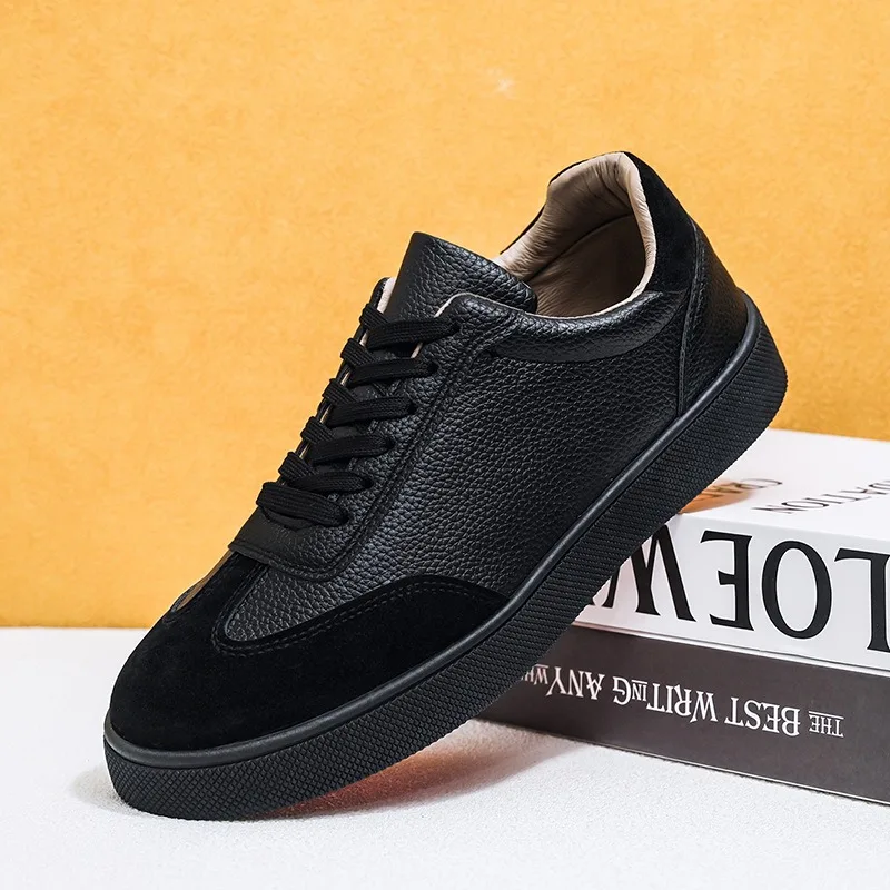 Vintage Style Men Low Top Board Shoes, Leather Suede Mix Splicing Design, Lace‑Up Closure, Thick Rubber Sole For Daily  Street