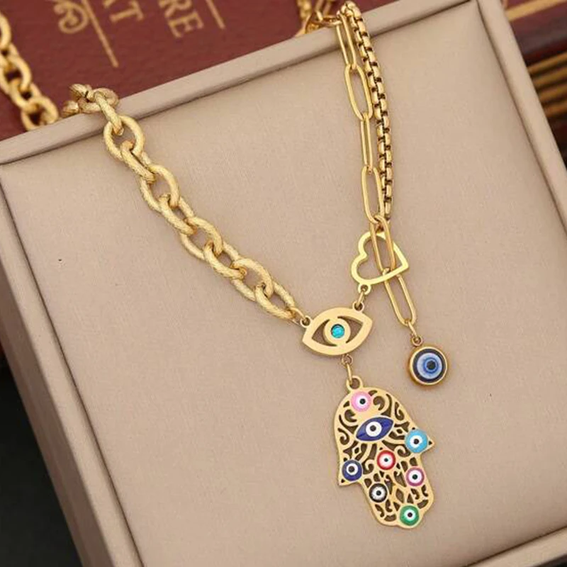 Collana con ciondolo a mano Fatima Vintage multicolore scava fuori per donna gioielli da indossare ogni giorno con motivo a occhio di diavolo color