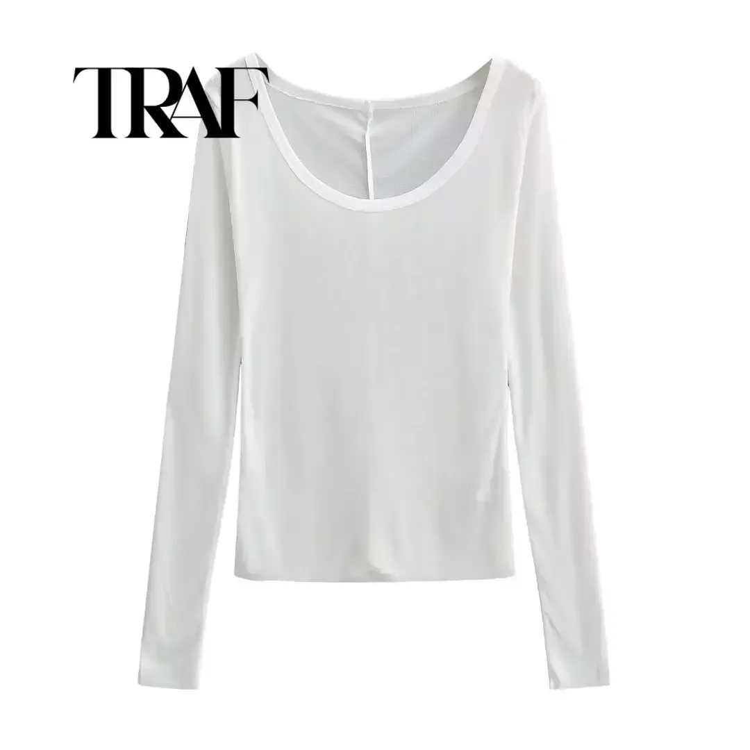 TRAF Sunscreen T Shirt Summer Women Minimalist Stretch Thin and Slightly Transparent  Small O-Neck Versatile Long-Sleeved Top