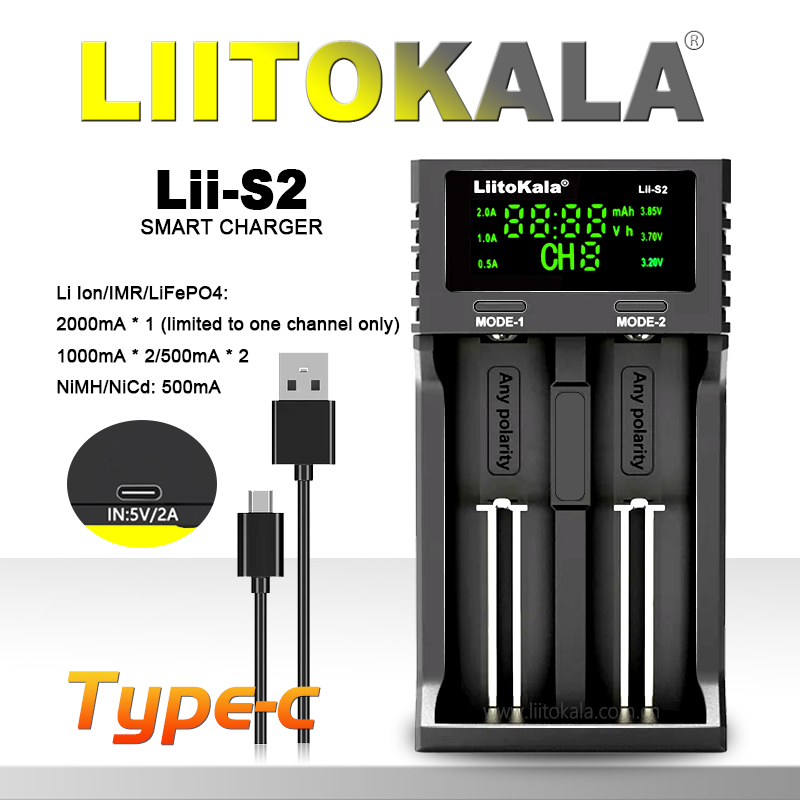  LiitoKala Lii-S2 Multi-Compatible Charger - Supports AA, AAA, 18650, 26650 Lithium Ion Batteries 