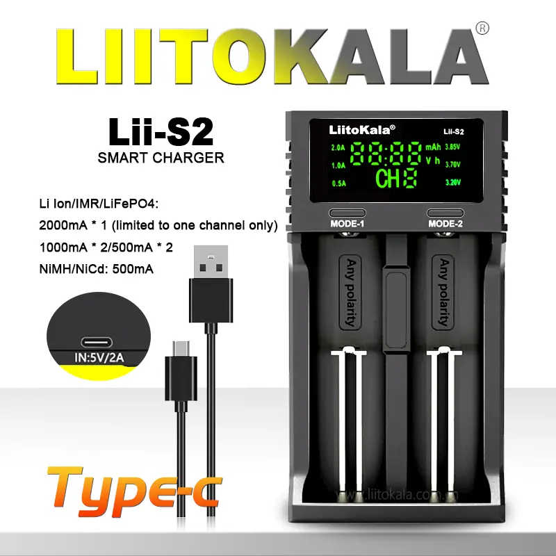 شاحن متوافق متعدد LiitoKala Lii-S2 - يدعم بطاريات ليثيوم أيون AA وAAA و18650 و26650