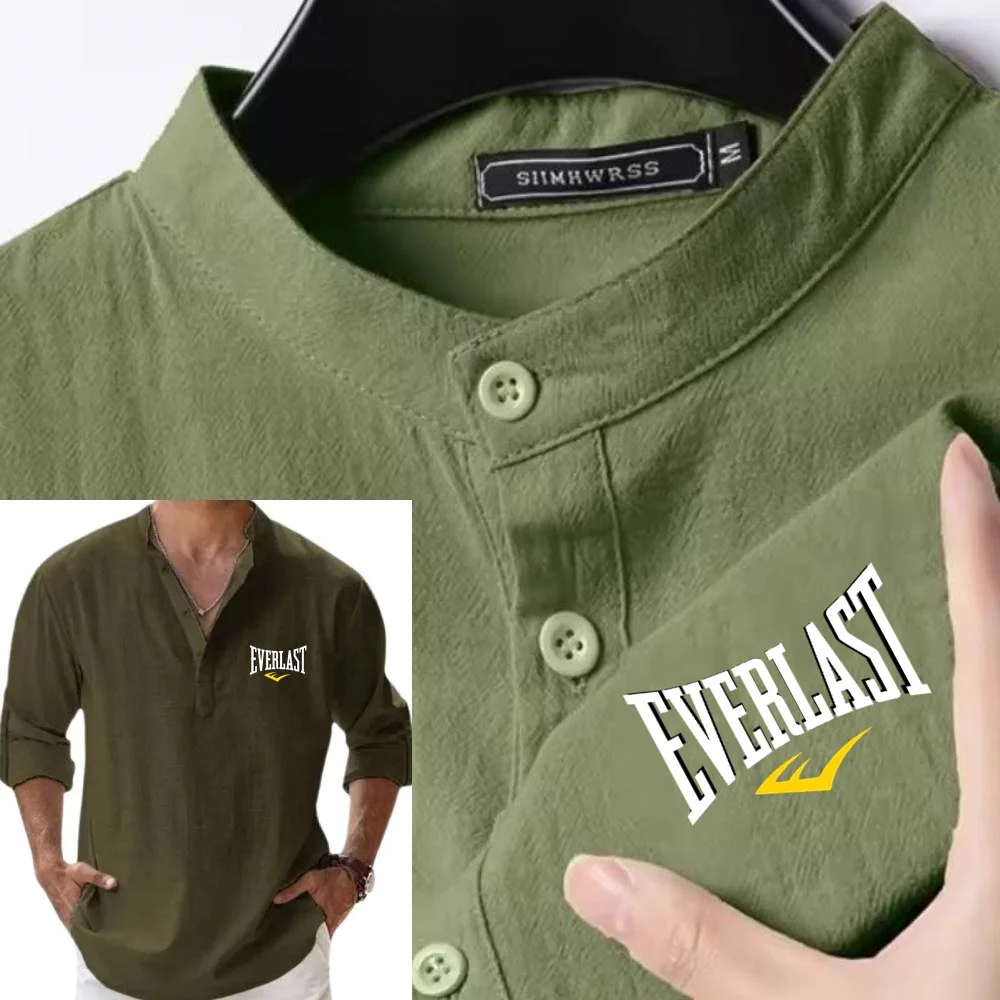 Everlast-camisas ligeras para hombre, ropa informal de lino y algodón Henley, camisetas hawaianas para vacaciones en la playa, camisa de manga larga transpirable para gimnasio