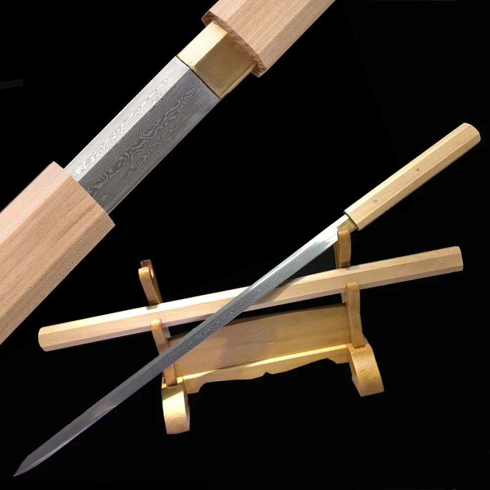 Shirasaya Sword-Folded Steel Forged Damascus Blade Full Tang Sharp Ready Nature Wooden Saya-8 Sides Iaito Training Sword