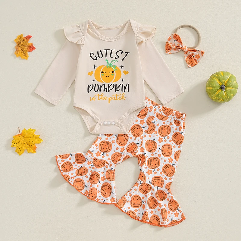 Newborn Baby Girl Halloween Outfits Western Long Sleeve Pumpkin Romper Bell Bottoms Headband 3Pcs Fall Clothes Set