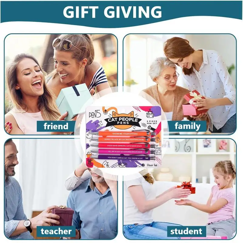 Canetas esferográficas engraçadas com frase diferente, Canetas engraçadas para amantes de gatos e cães, Uso diário, 5 pcs