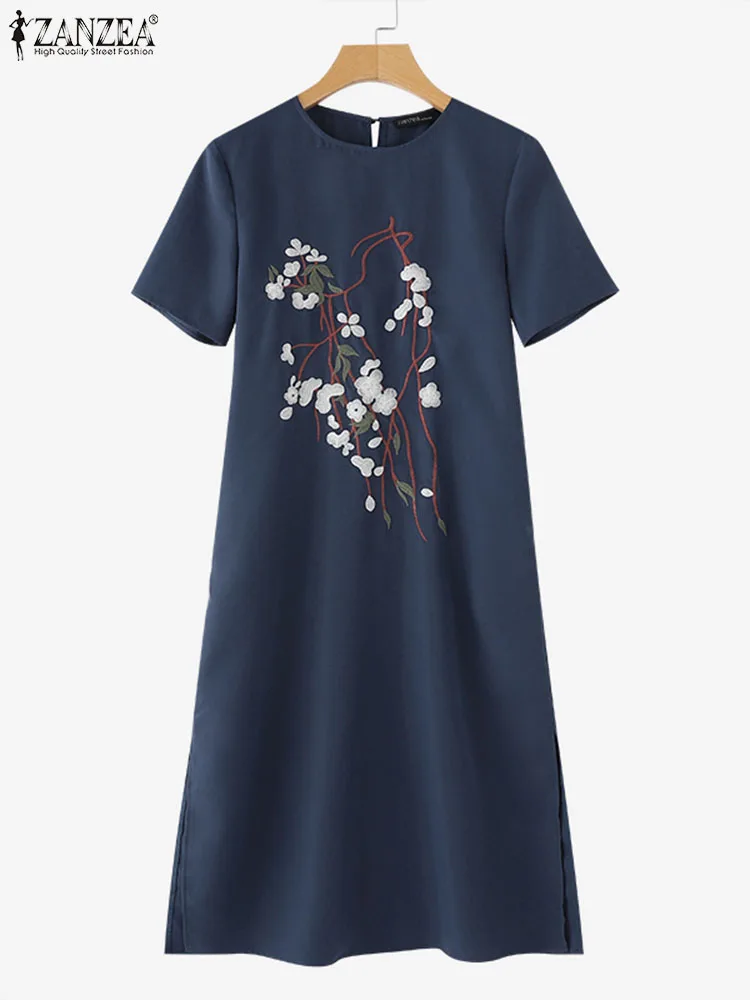 ZANZEA-Robe d'été mi-mollet pour femme, robe de soirée décontractée, manches courtes, broderie florale, mode vacances, 2024