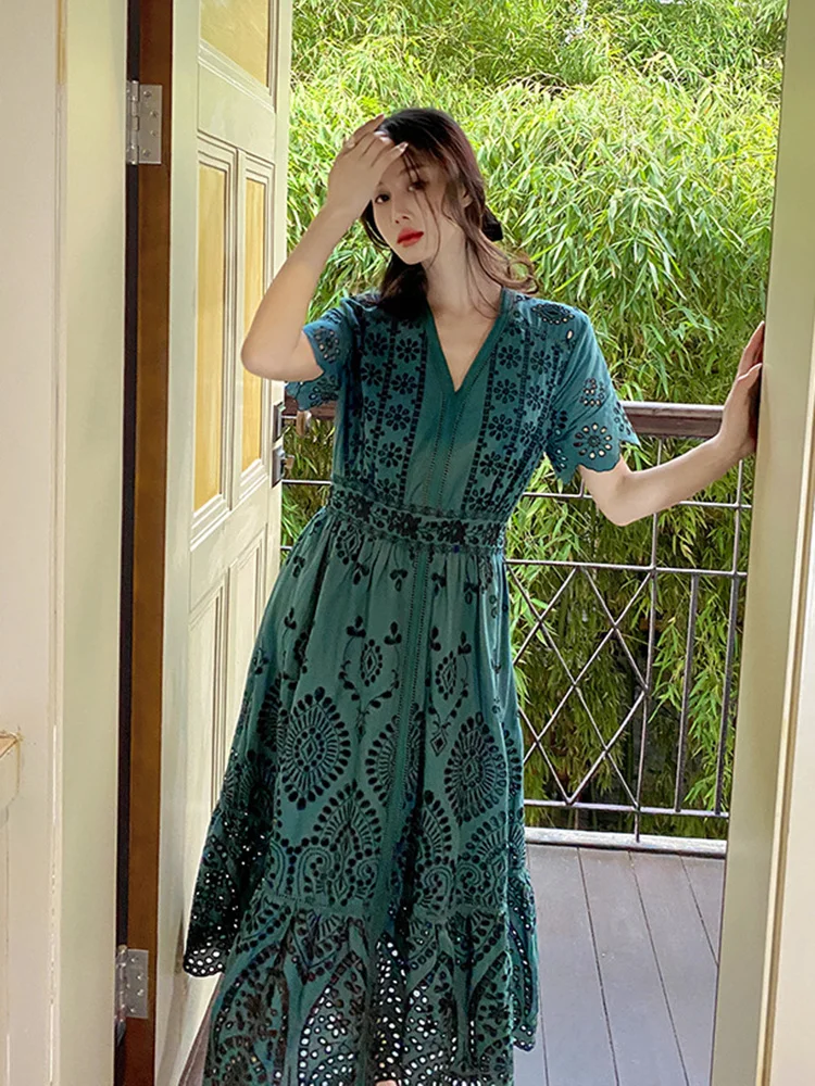 GypsyLady Elegant Floral Embroidery Dresses for Women Summer Cotton Pink Green Yellow Hollow Out Vocation Women Chic Lady Dress