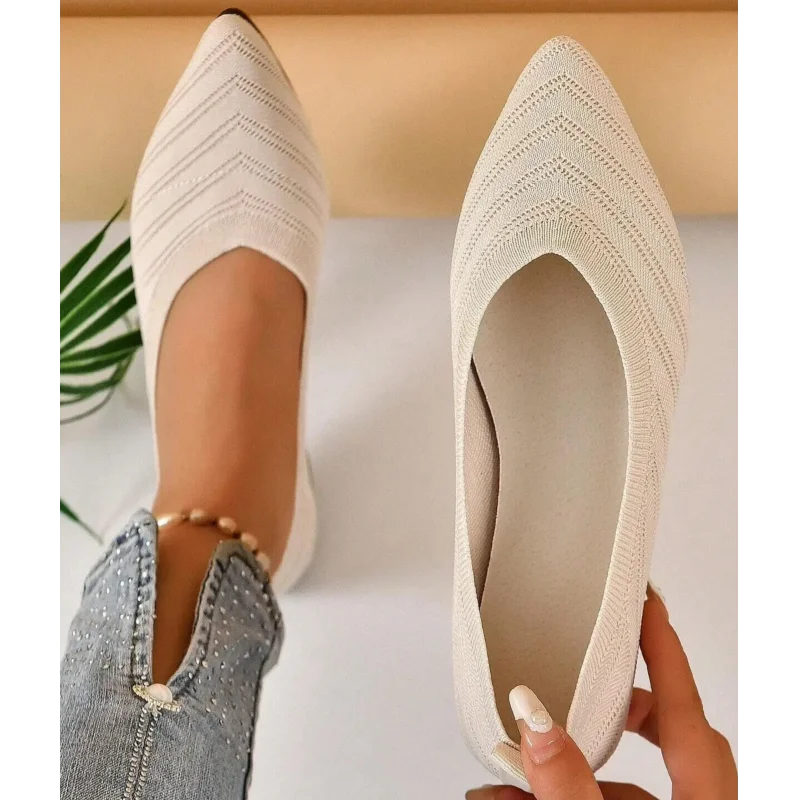 Nowe kobiety ze szpiczastym noskiem płaskie łódki w jednolitym kolorze z dzianiny na buty Casual mieszkania baletowe damskie płaskie buty mokasyny Zapatos De Mujer