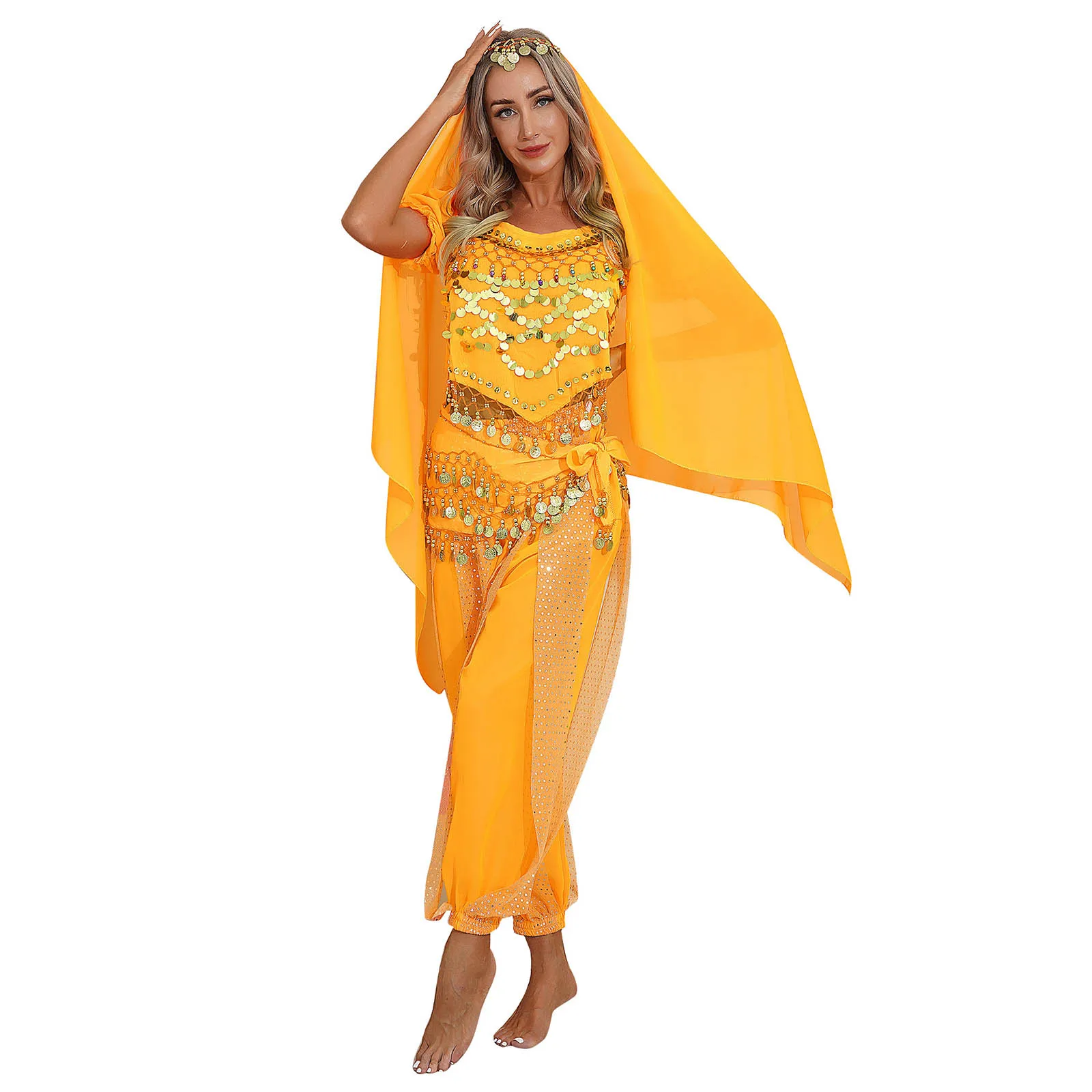 Donne Arabo Egitto Indiano Orientale Vestito di danza del ventre Costume di palissandro del ventre Top corto con paillettes con pantaloni Harem Sciarpa dell'anca Foulard