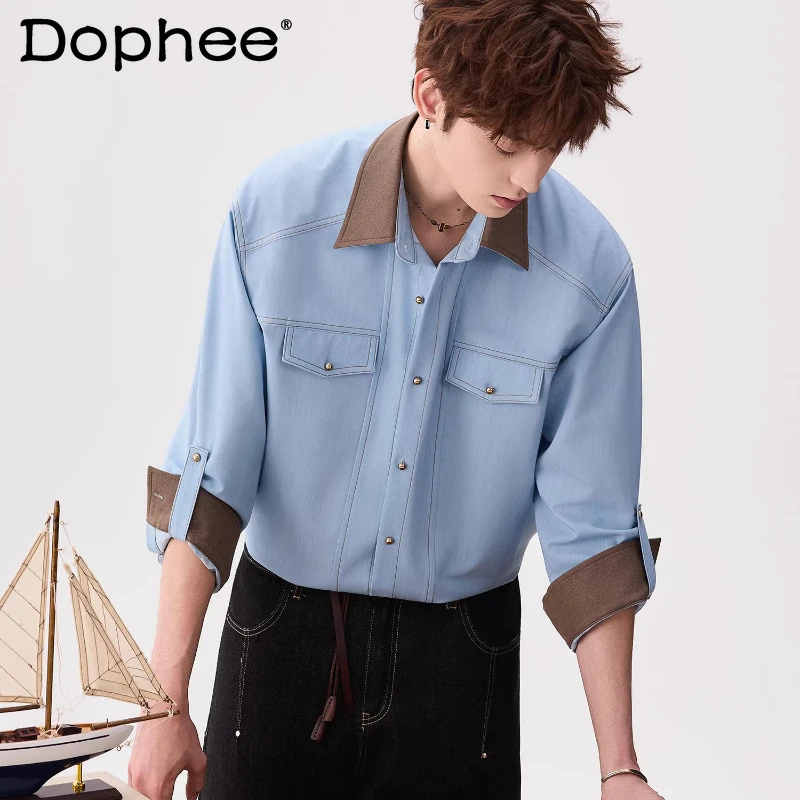 

Men's 2026 Spring New High-end Ice Silk Color Matching Lapel Shirts Male Trendy Shirts Single Row Multiple Buttons Comfort Tops