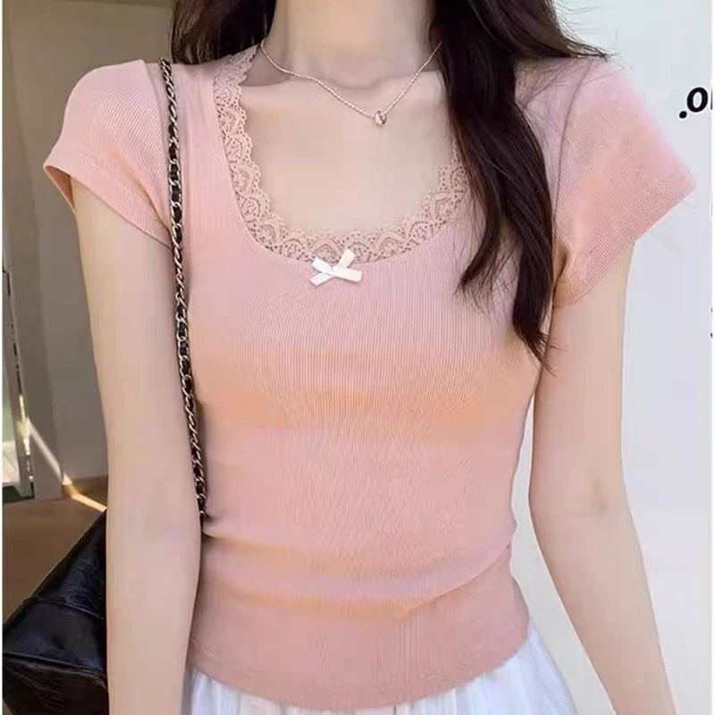 Summer Korean Womens Clothing Cute Bow Tshirts For Women Lace Trim Tops Slim O Neck Solid T Shirt Short Sleeve Y2k Tees Female