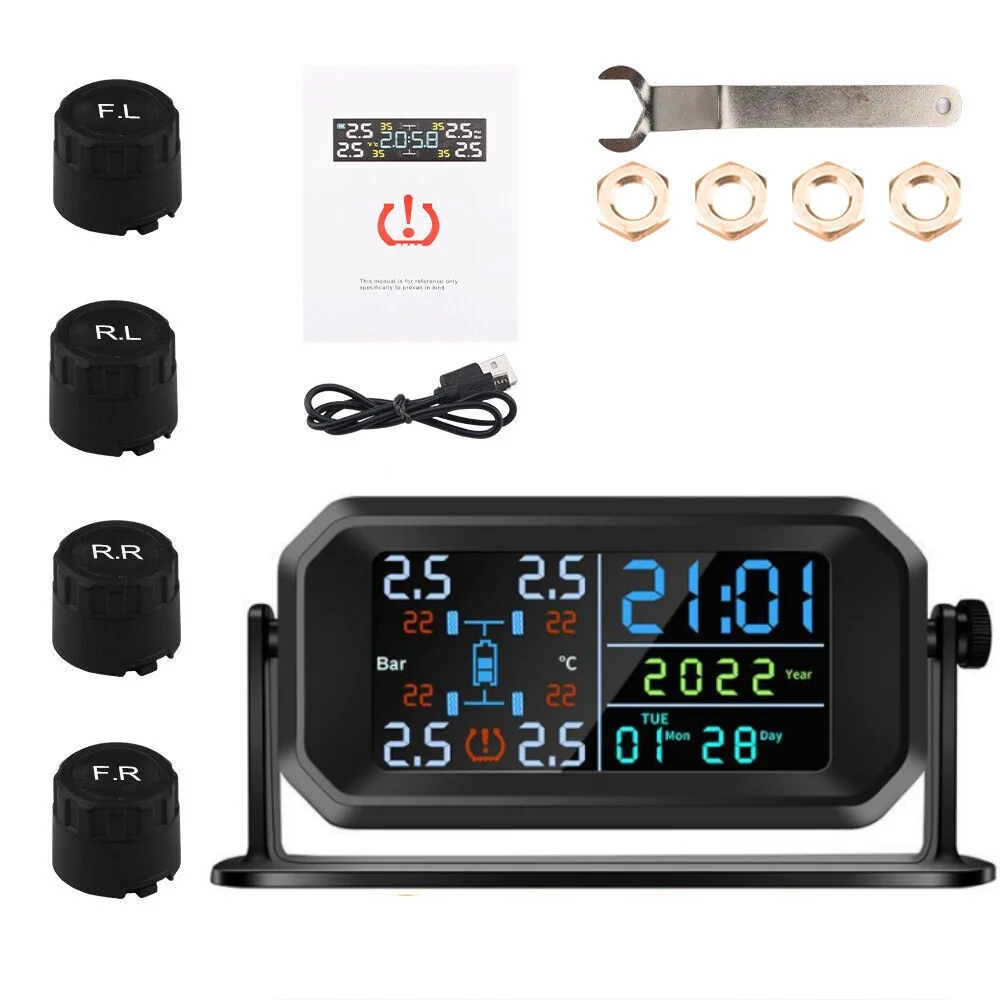 Solar TPMS Car Tire Pressure Monitoring System Solar/USB Charging LCD Display Tire Pressure Security Alarm 4 External Sensor