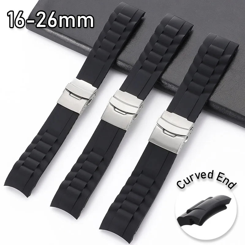 سيليكون حزام 16 مللي متر 18 مللي متر 20 مللي متر 22 مللي متر 24 مللي متر 26 مللي متر منحني نهاية المطاط حزام الساعات للطي مشبك سوار الرياضة معصمه مقاوم للماء #1