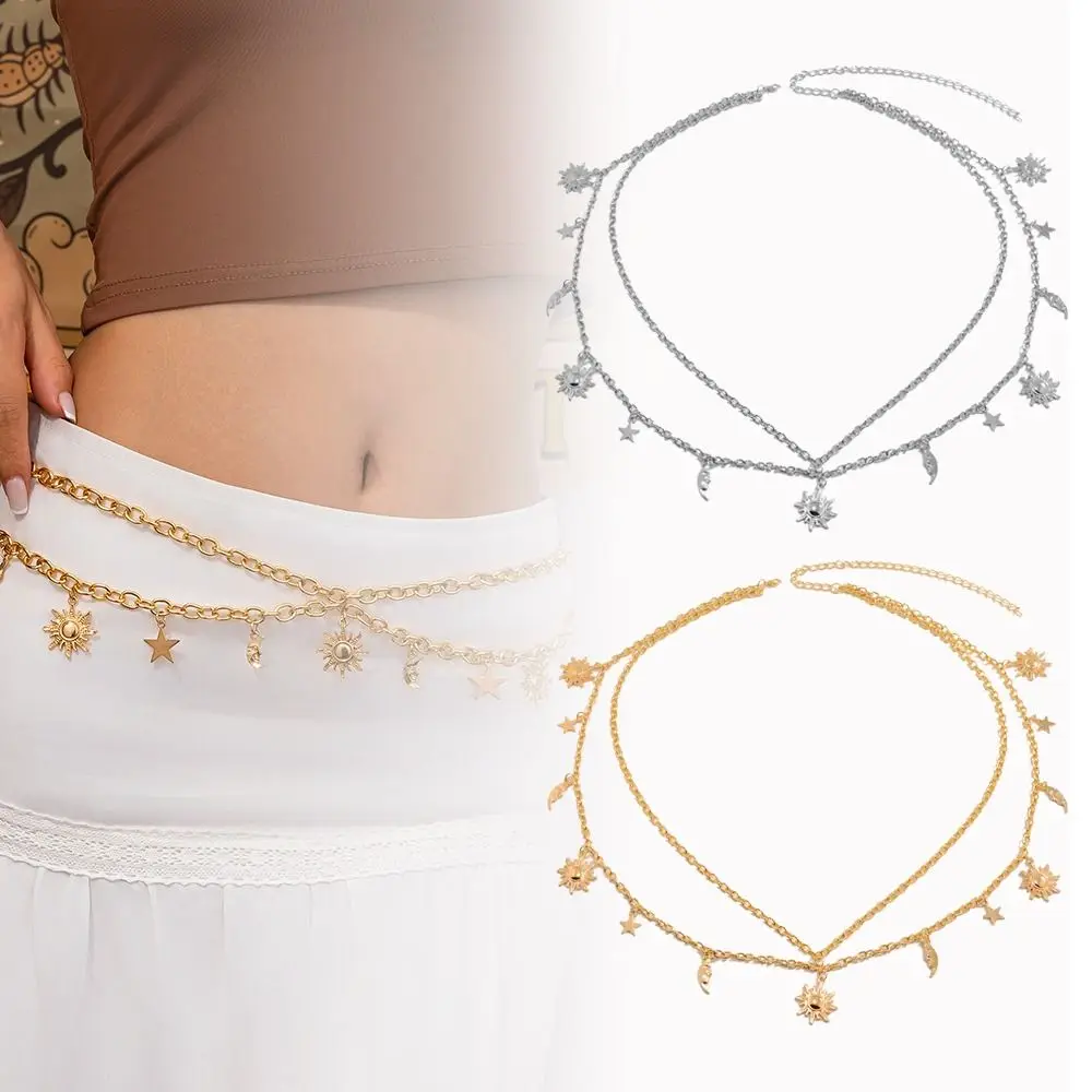 All-match Sun Moon Stars Tassels Punk Waist Chain Retro Hip Hop Double-deck Chain Belt Vintage Dress Cummerbands For Women