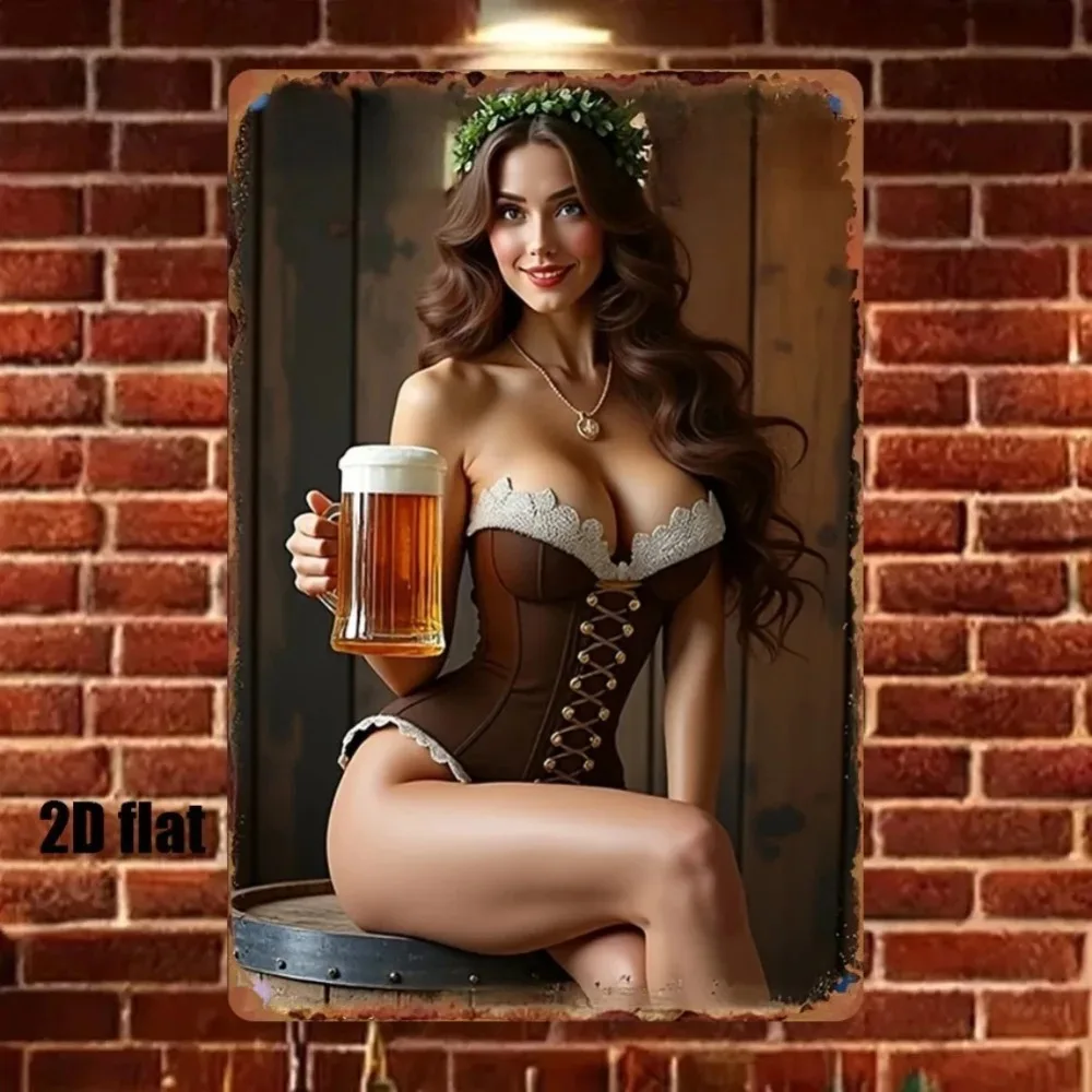 Vintage German Beer Girl Metal Wall Art 8x12 Inch - Retro Brewery Sign for Home Bar Decor & Pub Decoration
