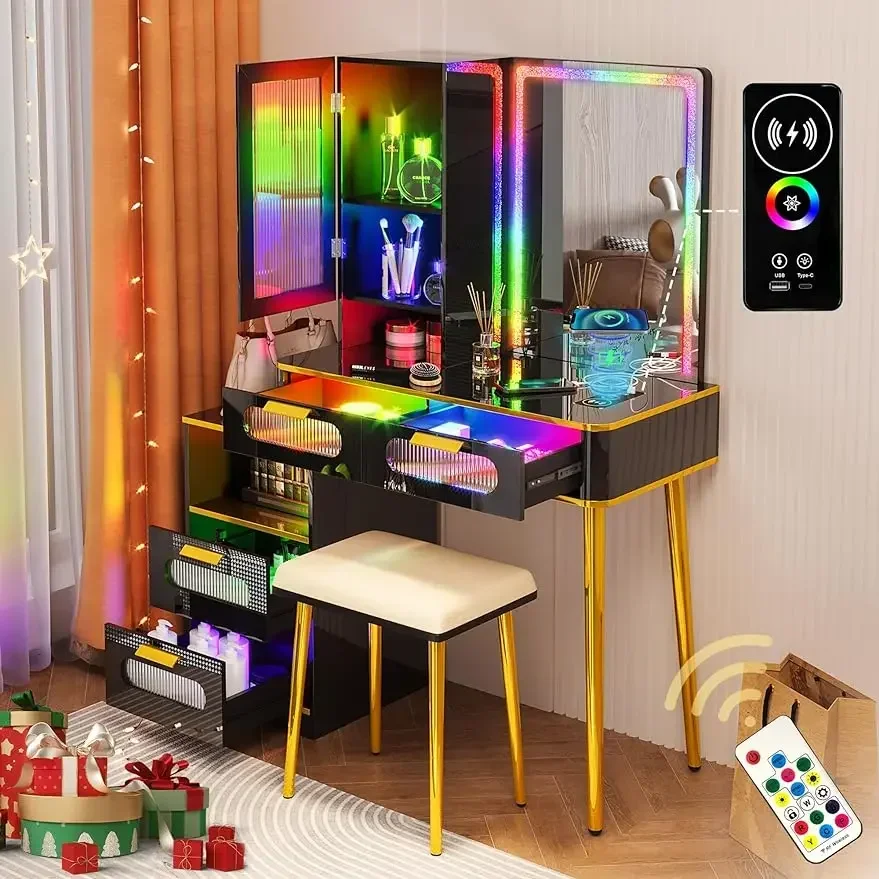 

RGB Vanity Desk with Mirror and Lights, LED Vanity Table with Wireless Charging Station,7 Dynamic and 24 Static Dimmable Vanity