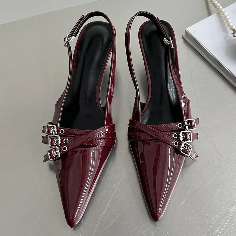 Summer New Women Fashion Sexy Party Punk Goth Pointed Toe High Heel Shoes Woman Leather Pu Footwear Buckle Strap Sandals