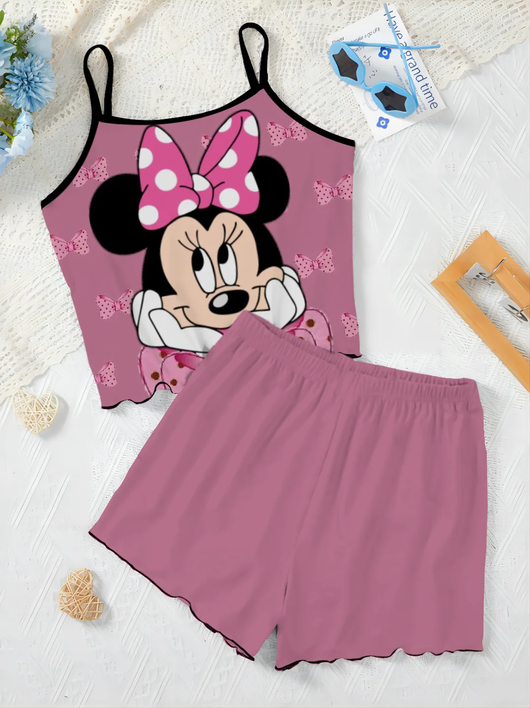 Mickey Women's Suit Short Sets Slip Dress Top Lettuce Trim Pajama Skirt T-shirt Minnie Mouse Disney Pieces Elegant Disney Mickey