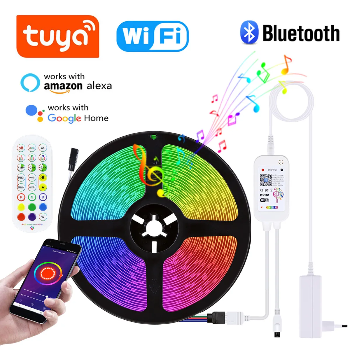 5M 10M 15M 20M Bluetooth Control RGB Led Tape Ribbon Smart Home Wifi Remote Led Strip Lights For Tuya Alexa Google Assistant