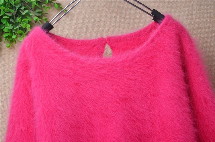 04 Female Women Fall Winter Clothing Pull Rose Hairy Mink Cashmere Knitted Long Batwing Sleeves O-Neck Loose Pullover Sweater