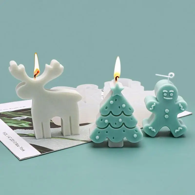 3D Deer Candle Mold Christmas Tree Snowman Silicone Sugar Cake Mold Gift Festival Home Decor Baking Tools 2024 Xmas Navidad