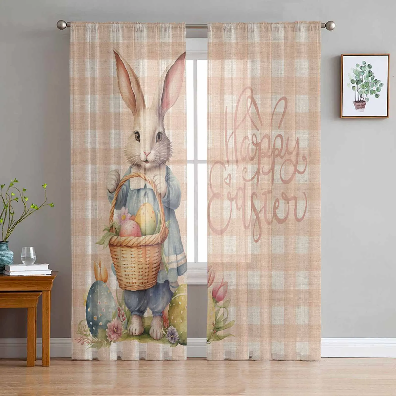 Easter Eggs Bunny Flower Plaid Voile Curtains for Bedroom Window Tulle Curtain for Living Room Sheer Blinds Drapes