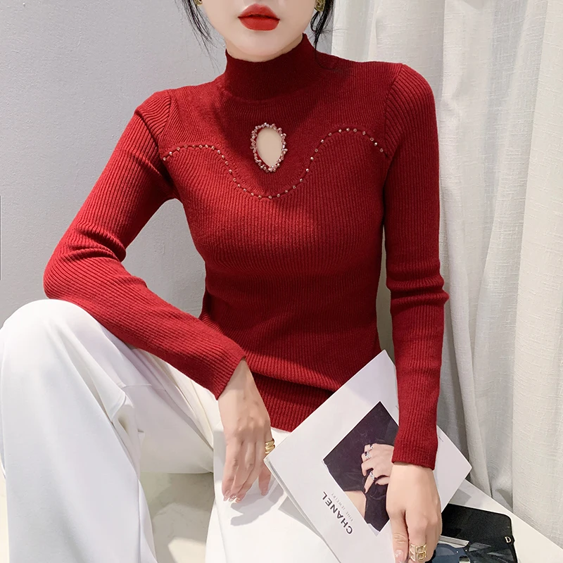 #4331 Knitted Turtleneck Sweater Women Split Joint Hollow Out Short Stretch Knitted Sweater Female Korean Fashion Autumn Winter