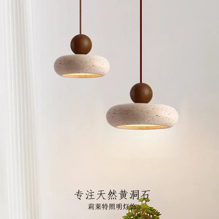 

Vintage Yellow Travertine led Pendant Light Mahogany Nordic Japanese Wabi Sabi Style Bedside Long Line Hanging lamp Fixtures