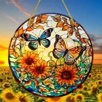 Hummingbird Butterfly&Flower Suncatcher Acrylic Round Translucent Stained Glass Window Hanging-courtyard,Patio,Garden,Room Decor