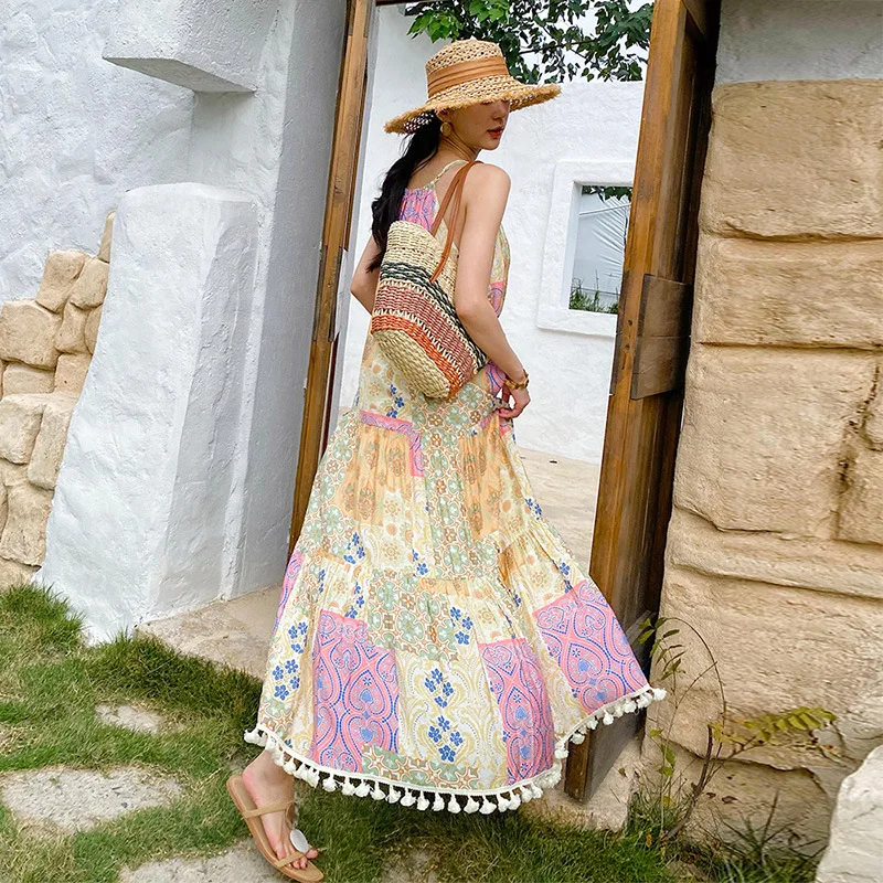 vintage boho floral printed maxi dress Summer Women Spaghetti Strap Beach Vacation Bohemian ladies Dresses