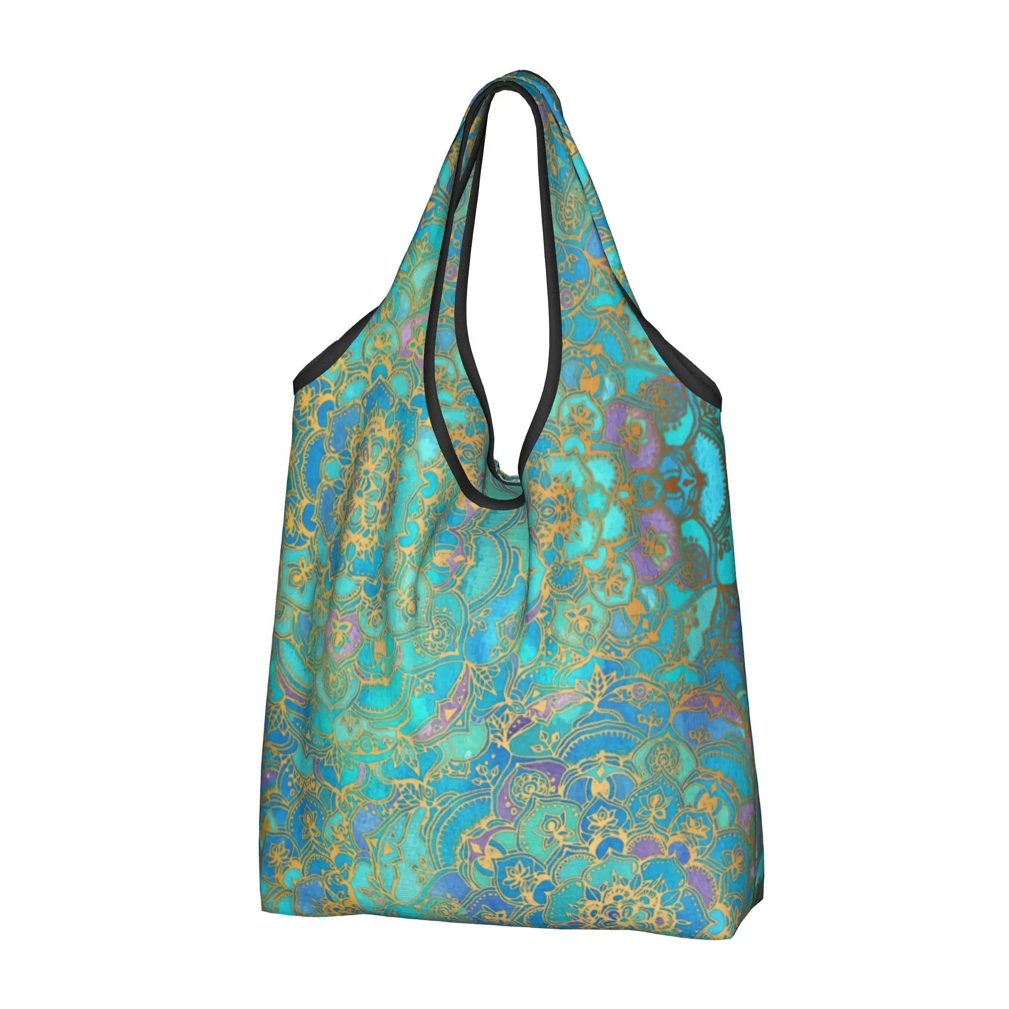 Recycling Sapphire Jade Stained Glass Mandala Shopping Bag Women Tote Bag Portable Bohemian Boho Grocery Shopper Bags