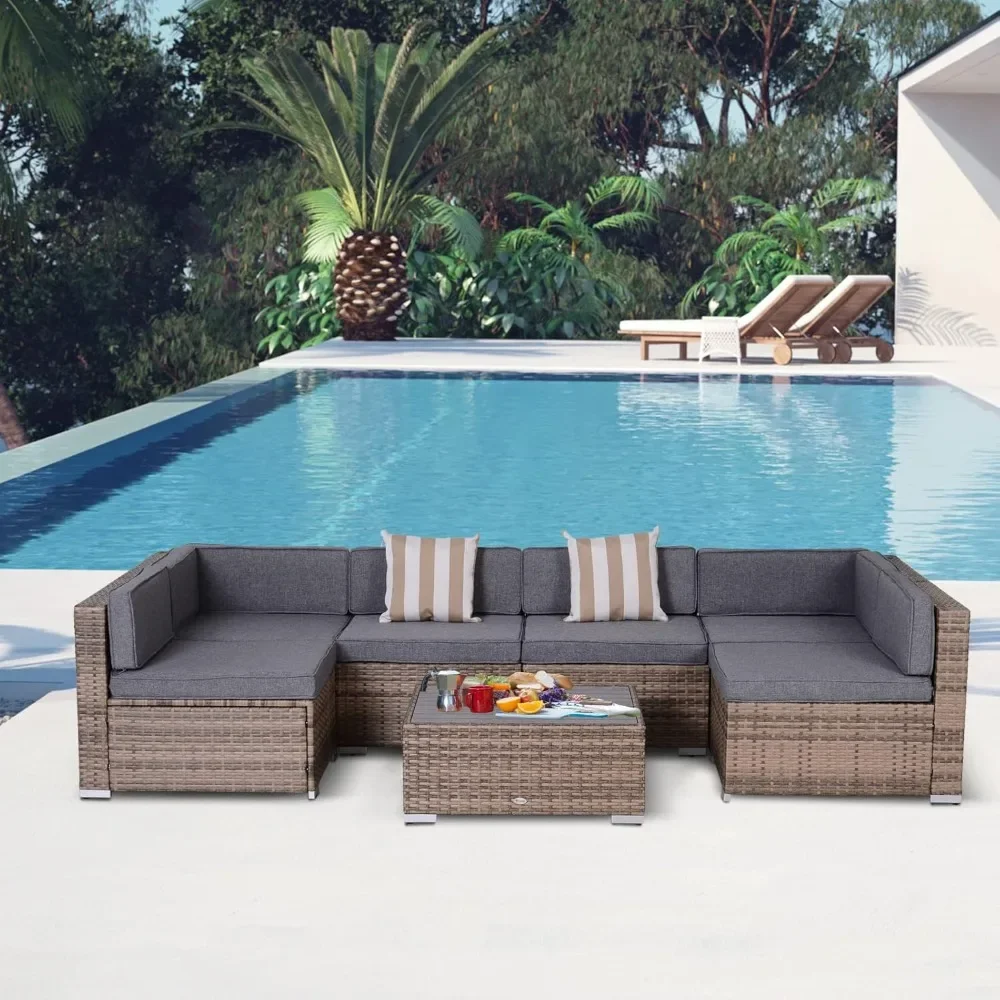 Patio Furniture Set, Outdoor Wicker Conversation Set All Weather PE Rattan Sectional Sofa Set with Cushions and Faux Wood Table